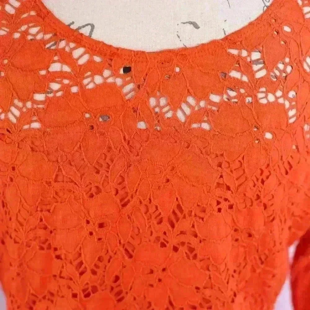 Women's Size L Peck & Peck Weekend Orange floral eyelet 3/4 sleeve top Vintage - Picture 8 of 11
